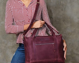 Custom Leather Work Tote - Monogrammed Laptop Bag for Women
