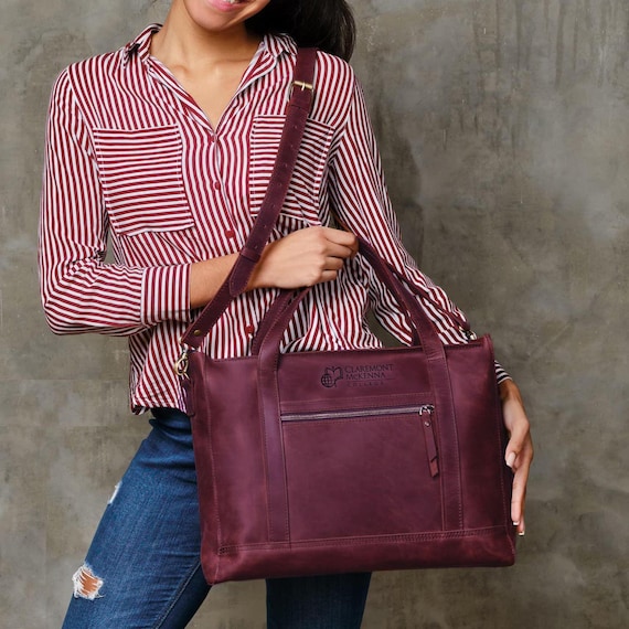 Custom Leather Work Tote - Monogrammed Laptop Bag for Women