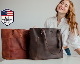 Leather zippered tote bag, personalized womens gift, crossbody carry-on everyday bag, leather laptop tote bag, custom shoulder bag