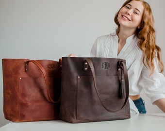 Leather zippered tote bag, personalized womens gift, crossbody carry-on everyday bag, leather laptop tote bag, custom shoulder bag