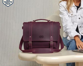 Leather Briefcase for Women - Work Laptop Bag 13–15", Burgundy Satchel, Structured Office Purse,