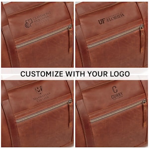 a collection of brown leather bags with various logos and text, including customizations of the bags with logos of different institutions.