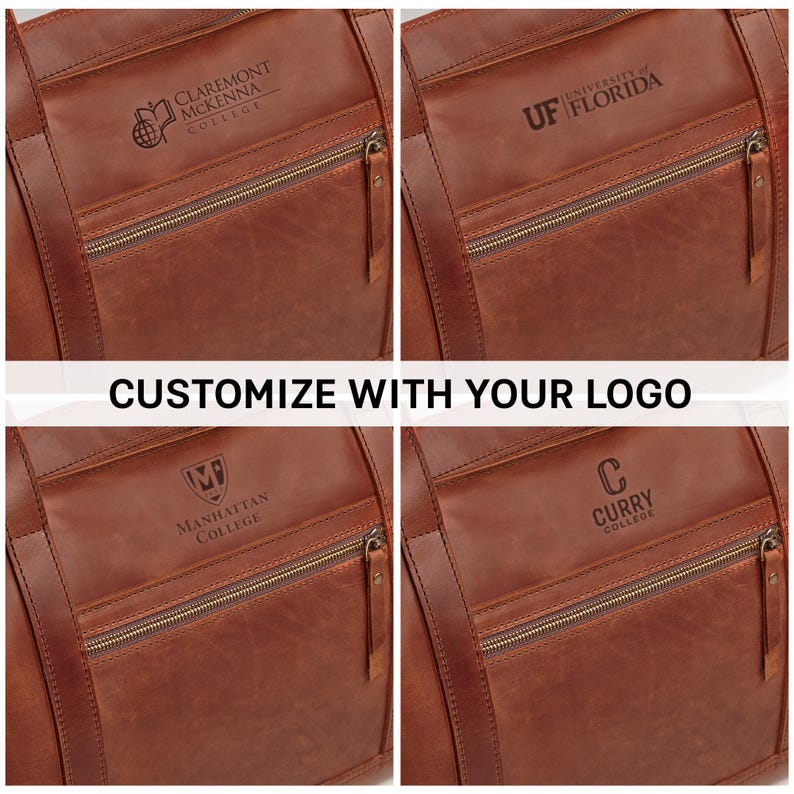 a collection of brown leather bags with various logos and text, including customizations of the bags with logos of different institutions.