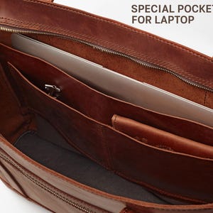 a brown leather tote bag with a laptop compartment inside, which is labeled as a "Special Pocket for Laptop".