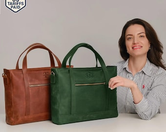 Custom Leather Laptop Tote, Work Bag with Shoulder Strap and Zipper, Handmade Office Handbag with Zipper, Personalized MacBook Case