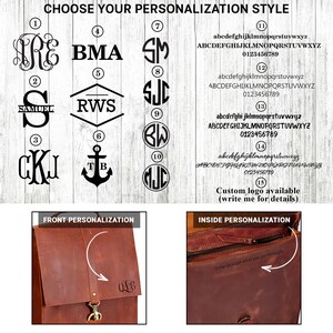 The image is a collage of various monogram styles and logos, including initials, initials in different fonts, and monogrammed logos. The collage provides a visual representation of the different personalization options available for a leather bag or accessory.
