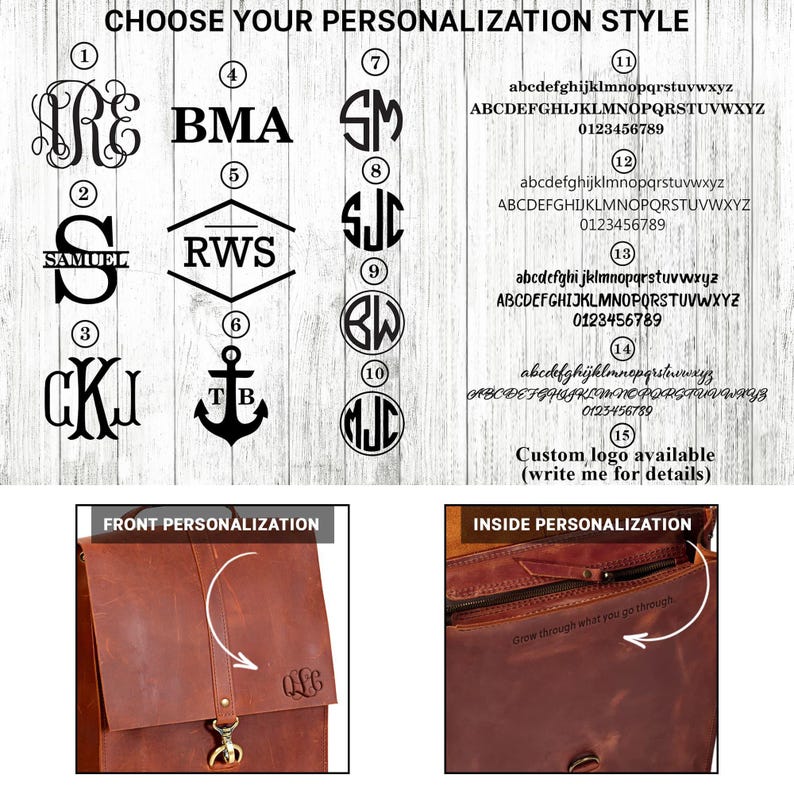 The image is a collage of various monogram styles and logos, including initials, initials in different fonts, and monogrammed logos. The collage provides a visual representation of the different personalization options available for a leather bag or accessory.