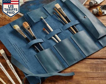 Cadeau gravé pour artiste, pochette pour pinceaux, sac pour kit de dessin, rouleau d'artiste en cuir, cadeau d'anniversaire pour femme, porte-pinceau