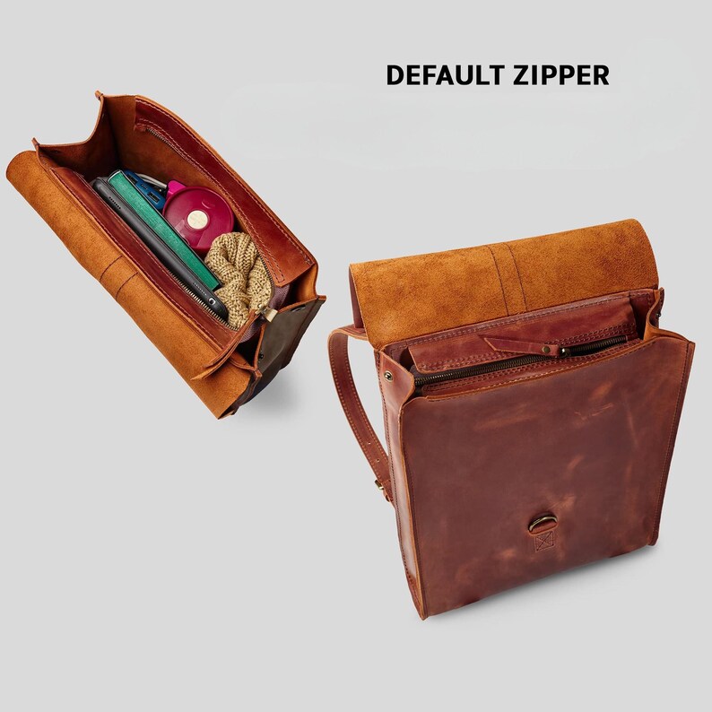 a brown leather bag with a zipper, displaying the interior of the bag with various items such as a book, a red object, and a rope.