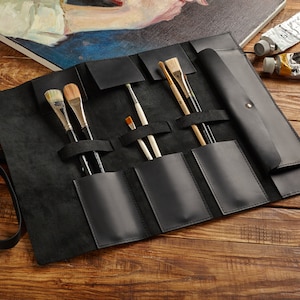 Rouleau de brosse en cuir, cadeau pour artiste, sac de kit de péage de dessin, porte-pinceau, rouleau dartiste en cuir, cadeau danniversaire pour femmes Black