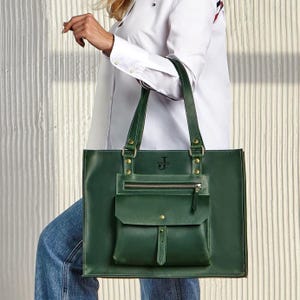 Cabas en cuir vert personnalisé pour ordinateur portable, cabas de travail personnalisé avec bandoulière, sac cartable monogrammé, sac à bandoulière pour femme, cabas city avec fermeture éclair