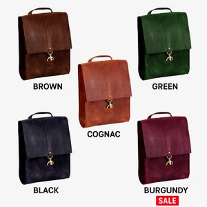five different types of leather bags, each with a distinct color and design, arranged in a grid.