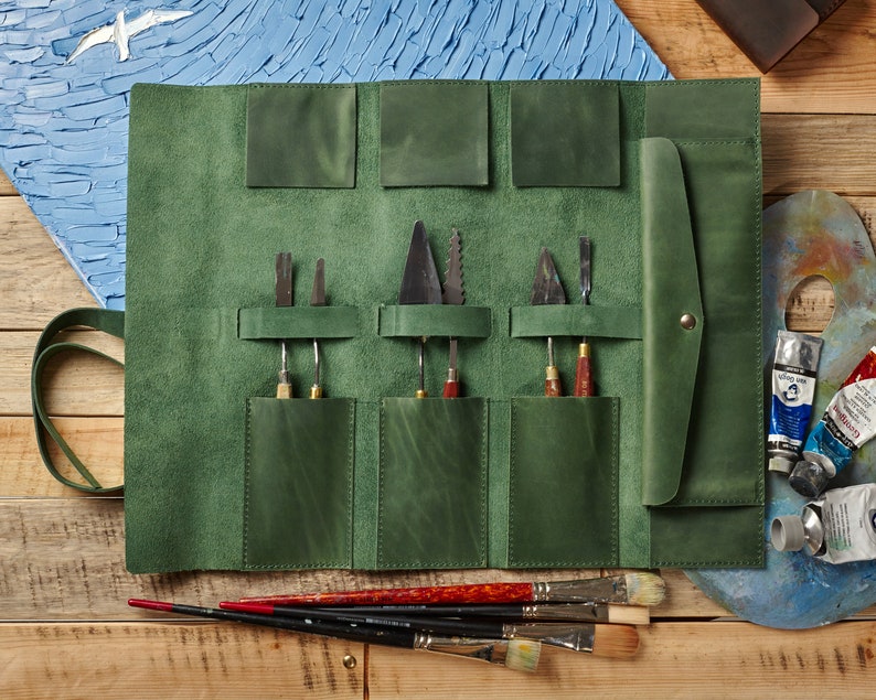 Cadeau personnalisé pour artiste, étui à pinceaux de voyage, trousse de dessin, porte-pinceau, cadeau d'anniversaire pour femme Green