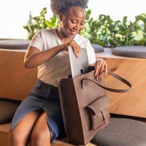 Brown Leather Laptop Tote for 13-14-15–16&quot;, Handmade Zippered Work Bag for Women, Structured Office Purse, Daily Business Tote