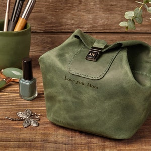 Damen Accessoires Geschenk, Leder Make-up Tasche, Kulturtasche aus Leder, Kosmetiktasche, Aufbewahrung für Hautpflege, Jubiläumsgeschenk, Kulturbeutel für Frauen Green Breath