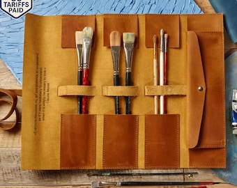 Leather Paint Brush Roll, Artist Brush Holder, Watercolor & Acrylic Brush Case, Handmade Travel Art Organizer, Gift for Painter