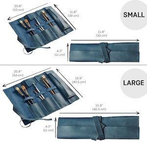 Peut inclure: Deux rouleaux &agrave; pinceaux en cuir bleu, l'un &eacute;tiquet&eacute; "SMALL" et l'autre &eacute;tiquet&eacute; "LARGE". Le plus petit rouleau mesure 53 cm sur 30 cm et le plus grand rouleau mesure 53 cm sur 40,5 cm. Les deux rouleaux ont un rabat de 11 cm.