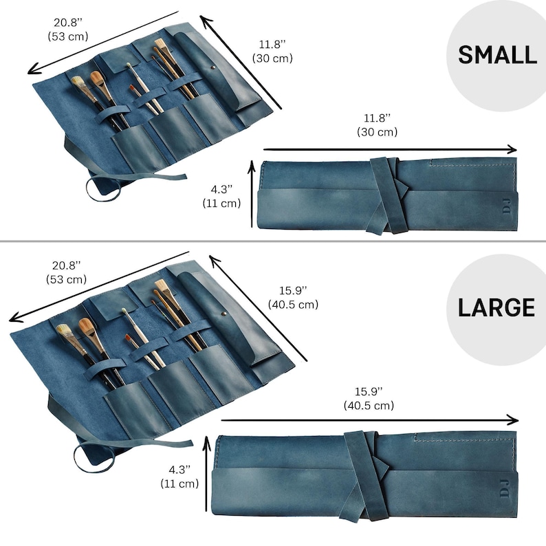 Peut inclure: Deux rouleaux &agrave; pinceaux en cuir bleu, l'un &eacute;tiquet&eacute; "SMALL" et l'autre &eacute;tiquet&eacute; "LARGE". Le plus petit rouleau mesure 53 cm sur 30 cm et le plus grand rouleau mesure 53 cm sur 40,5 cm. Les deux rouleaux ont un rabat de 11 cm.