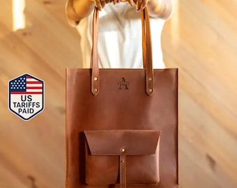 Personalized Leather Tote Bag with Monogram, Handmade Laptop Purse, Brown Shoulder Bag, Custom Work Bag for Women