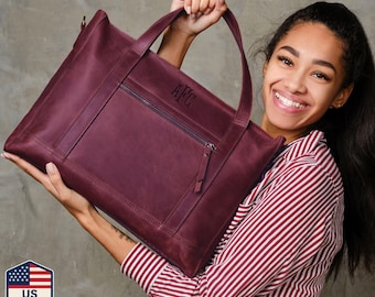 Womens tote bag, womens gift, engraved laptop tote bag, leather work bag, office shoulder bag, leather handbag, birthday gift