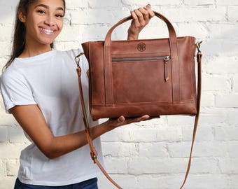 Sac fourre-tout pour femme, cadeau femme, sac fourre-tout gravé pour ordinateur portable, sac de travail en cuir, sac à bandoulière de bureau, sac à main en cuir, cadeau d&#39;anniversaire