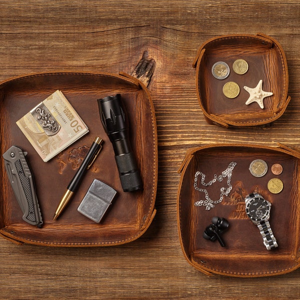 Gegraveerde sleutelhorloge-organisator, op maat gemaakt herencadeau, leren muntvakje, bureau-organizer, op maat gemaakt interieurcadeau, catch all box