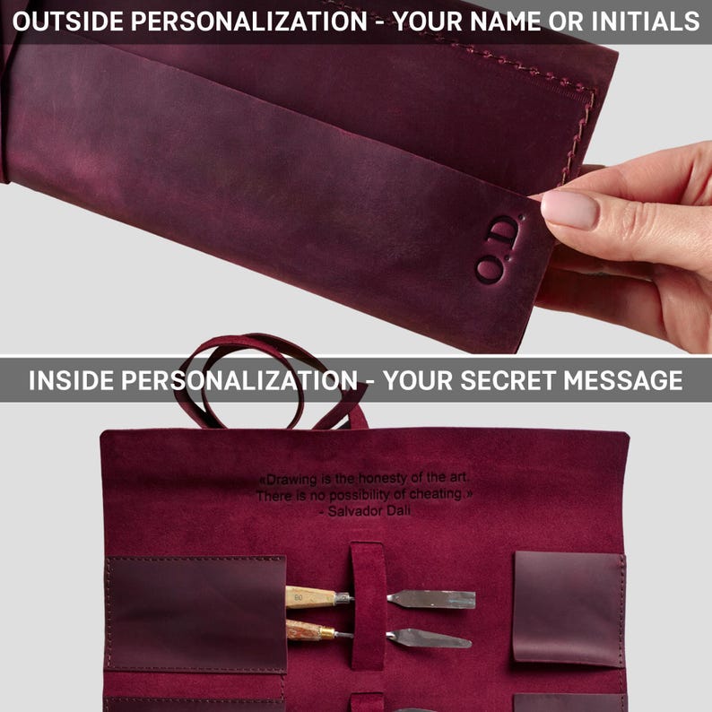 Peut inclure: Un &eacute;tui enroulable en cuir bordeaux avec une citation de Salvador Dali &agrave; l'int&eacute;rieur. L'&eacute;tui poss&egrave;de une poche pour les outils et est personnalis&eacute; avec les initiales "O.D."