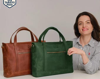 Custom Leather Laptop Tote, Women’s Work Bag with Shoulder Strap, Handmade Office Handbag with Zipper, Personalized MacBook Case