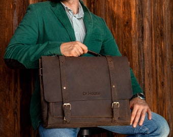 Personalized gift for him, leather briefcase for men,  mens leather messenger bag, leather laptop briefcase, leather shoulder bag