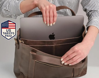 Laptop leather tote bag, women gift, engraved leather handbag, office tote shoulder bag, womens shopper, birthday bag for women