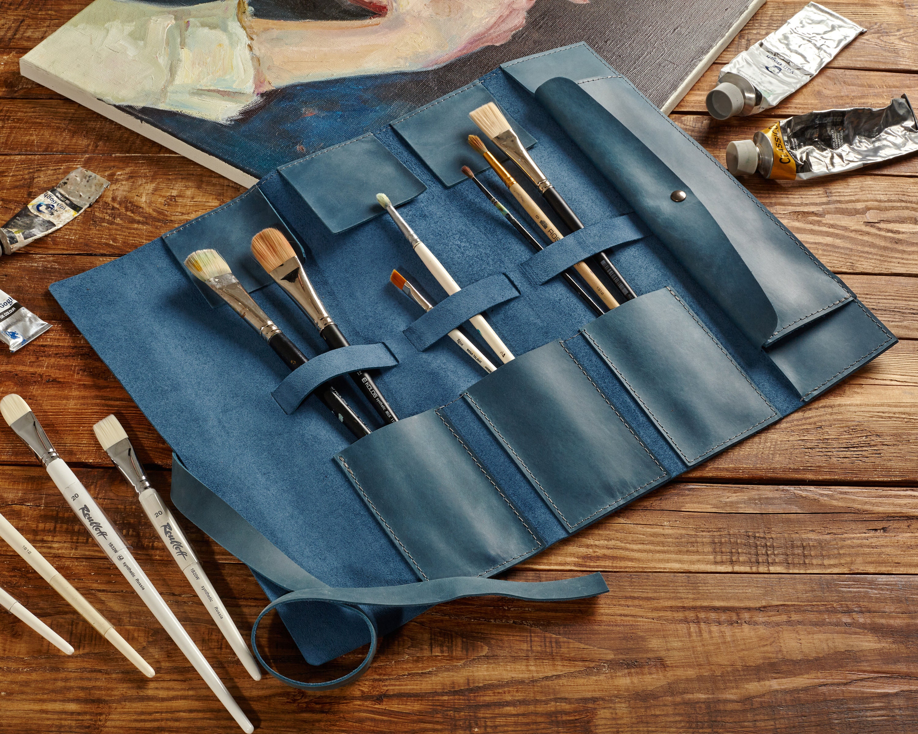 Leather Pencil Roll, Pen Case, Artist Roll, Gift for Painter