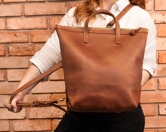 Laptop tote backpack, Womens bag, Convertible backpack, Womens tote bag, Womens backpack , Leather shopper bag, Leather laptop bag