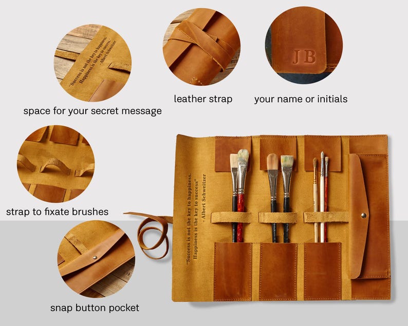 Peut inclure: Un &eacute;tui enroulable en cuir marron pour pinceaux. L'&eacute;tui poss&egrave;de une poche &agrave; bouton pression, une sangle pour fixer les pinceaux et une sangle en cuir. L'&eacute;tui dispose d'un espace pour un message secret et d'un espace pour un nom ou des initiales. L'&eacute;tui est ouvert et montre l'int&eacute;rieur avec plusieurs pinceaux.