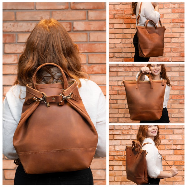 Backpack tote purse, Convertible backpack, Womens bag, Womens backpack , Womens tote bag, Leather laptop bag, Leather shopper bag