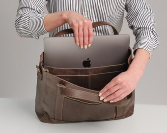Laptop leather tote bag, women gift, engraved leather handbag, office tote shoulder bag, womens shopper, birthday bag for women