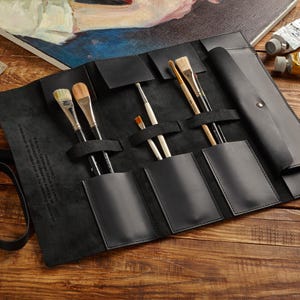 Étui à pinceaux, cadeau personnalisé pour artiste, trousse de dessin, rouleau en cuir pour artiste, cadeau d'anniversaire pour femme, porte-pinceau