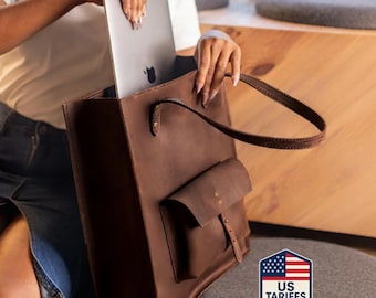 Brown Leather Laptop Tote for 13-14-15–16", Handmade Zippered Work Bag for Women, Structured Office Purse, Daily Business Tote