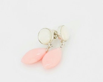 Pink Opal Earrings, Pink Opal Briolette Mother Of Pearl Stud Silver Earrings, Large Drop Earrings, Bridal Jewelry, Valentine Gift For Her