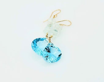 Aquamarine Gemstone Earrings, Aqua Quartz And Aquamarine 14KT Gold Filled Earrings, Aqua Quartz Glass Earrings, Unique Jewelry Gifts For Her