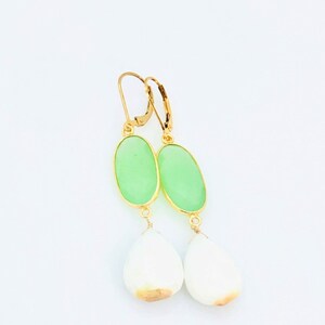 White Opal Earrings, White Opal And Green Chalcedony 14KT Gold Filled Earrings, Large Dangle Drop Earrings, Gemstone Jewelry, Gift For Her zdjęcie 1