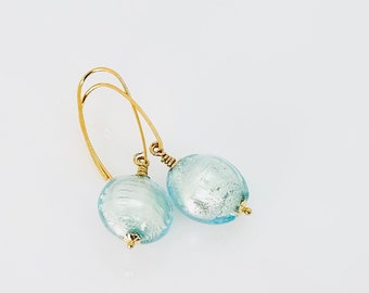 Murano Earrings, Murano Glass Aquamarine White Gold Foil Earrings, Murano Glass Gold Vermeil Earrings, Murano Dangle Earrings, Gift For Her