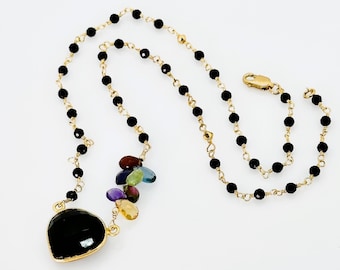 Collar de piedras preciosas múltiples de espinela negra facetada, collar colgante vermeil de oro de ónix negro, piedra preciosa negra, joyería única en su tipo, regalo para esposa