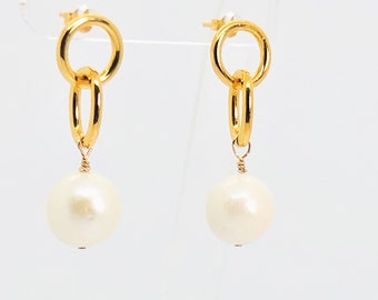Pearl Earrings, White Baroque Pearl Earrings, Pearl Dangle Earrings, Bridal Earrings, Pearl Gold Vermeil Stud Earrings, Gifts For Women