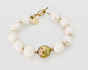 Pulsera de perlas barrocas, pulsera de palanca llena de oro de 14KT con perlas barrocas blancas, pulsera de perlas Edison, joyas de piedra de nacimiento de junio, regalo para ella