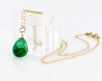 Emerald Gemstone Necklace, Faceted Emerald 14KT Gold Filled Drop Pendant Necklace, May Birthstone Jewelry, Gift For Her, Unique Jewelry Gift