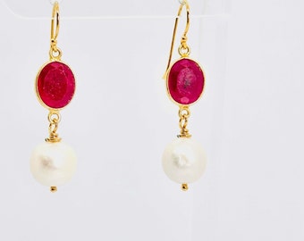 Pearl Earrings, White Baroque Pearl Earrings, Pearl Dangle Earrings, Bridal Earrings, Pearl And Ruby Gold Vermeil  Earrings, Gifts For Women