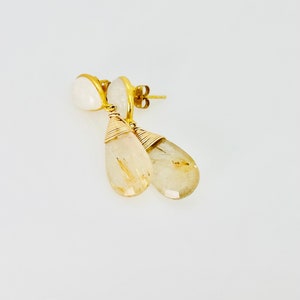 Golden Rutile Quartz Earrings, Golden Rutilated Quartz And Moonstone Gold Stud Earrings, Gold Gemstone Earrings, One Of A Kind Jewelry Gifts image 1