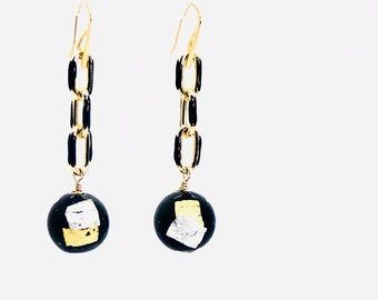 Murano Glass Earrings, Venetian Murano Glass Black Vicenza Gold Earrings, Statement Earrings, Gold Dangle Earrings, Unique Gift For Her