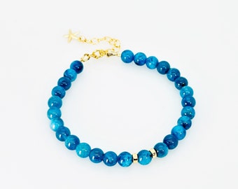 Pulsera de apatita azul océano, pulsera de piedras preciosas naturales AAA, pulsera de encanto de estrella de mar llena de oro de 14KT, joyería inspirada en la playa, regalo para mamá