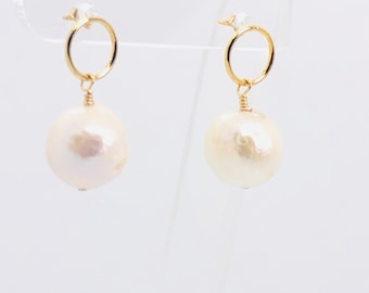 White Pearl Earrings, White Baroque Pearls 14KT Gold Filled Circle Post Earrings, Bridal Jewelry, June Birthstone Jewelry, Everyday Earrings